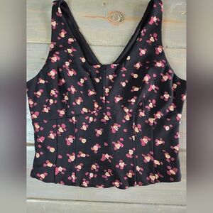 Cabi Floral Sleeveless Top Medium Black Pink Peplum V Neck Style 4207